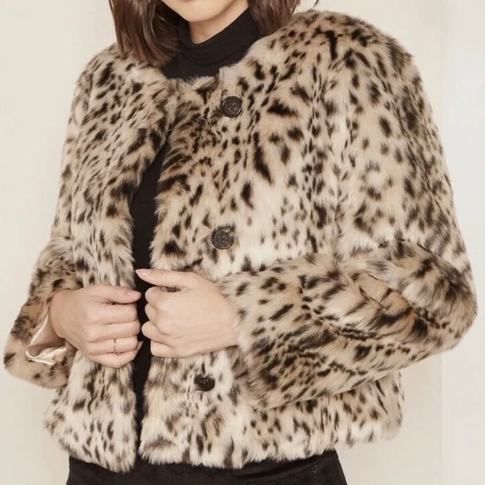 J. Crew | Snow Leopard crop faux fur coat size XXS